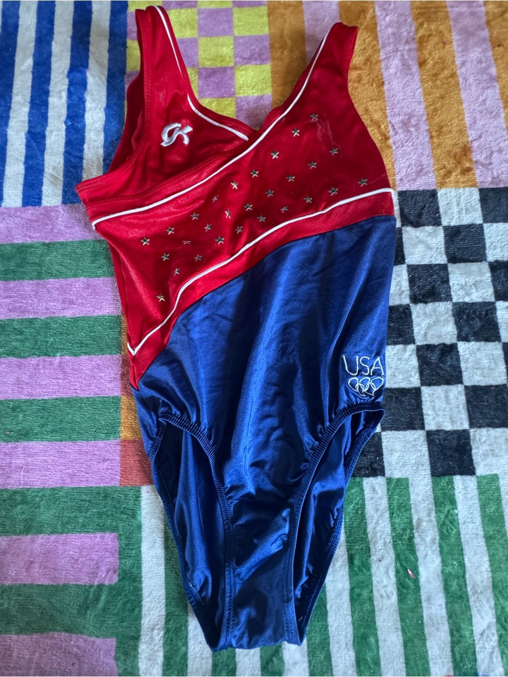 GK Blue and Red Gymnastics Leotard with Embroidered Tag